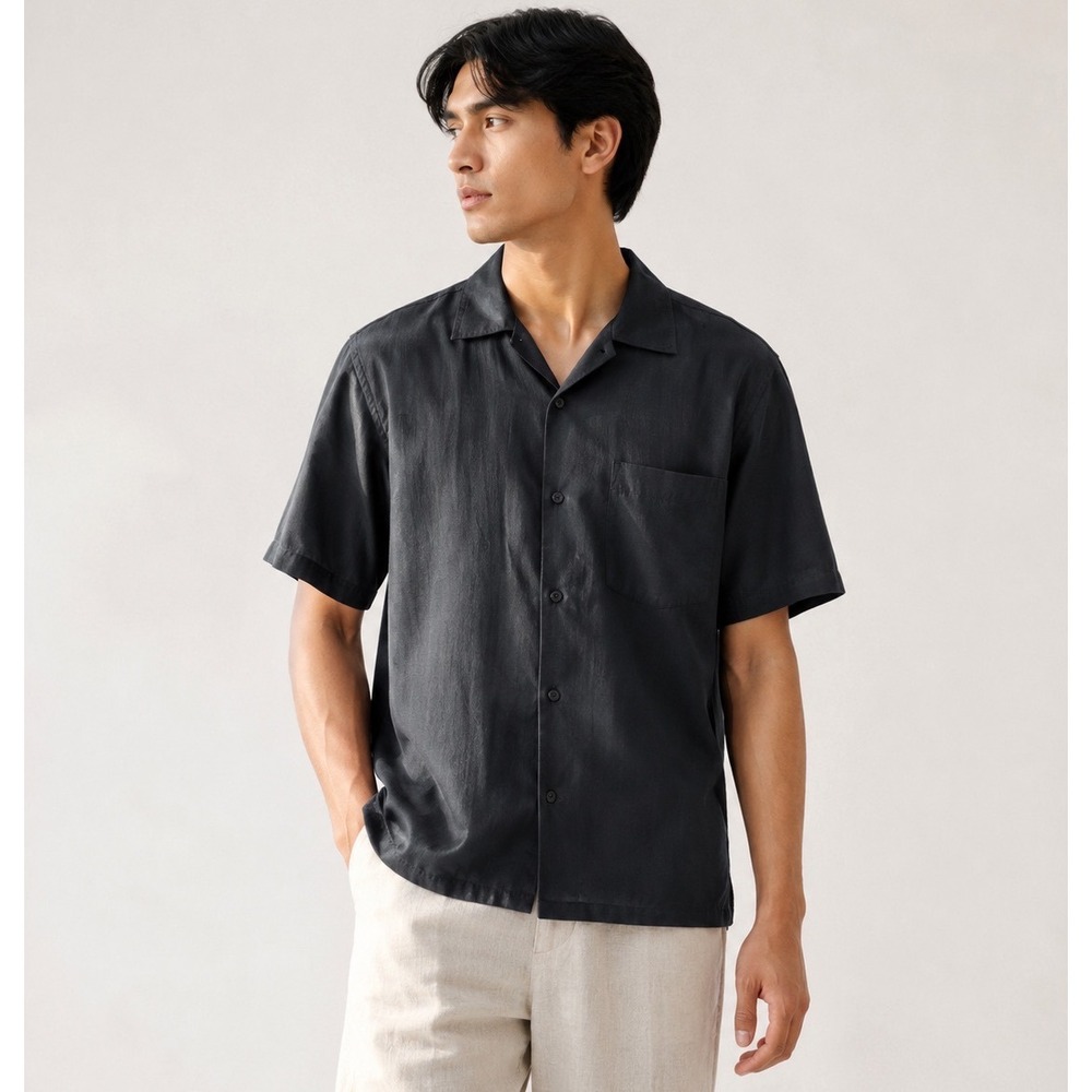 Pronto Uomo Mens XL Black Silk‎ Cotton Textured Stripe Short Sleeve Button Down